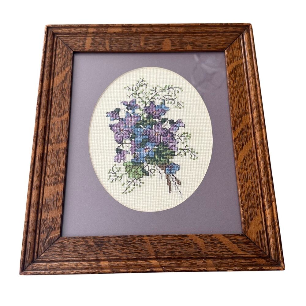 Purple Pansies Floral Cross Stitch Embroidery 10x11.5" Frame Matted Cottage Core